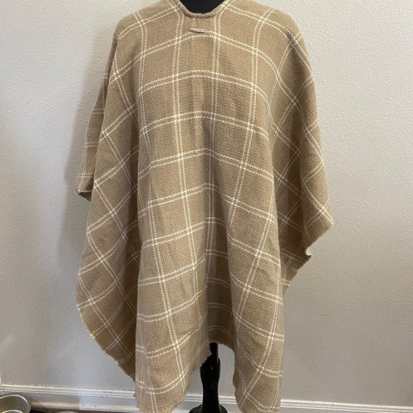 Lauren Ralph Lauren Womens Plaid Wrap Poncho‎ Cape Tan Acrylic One Size NEW - Picture 2 of 8